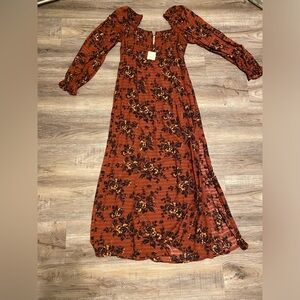 Free people maxi dress burgundy puff sleeve new with tags smocked
